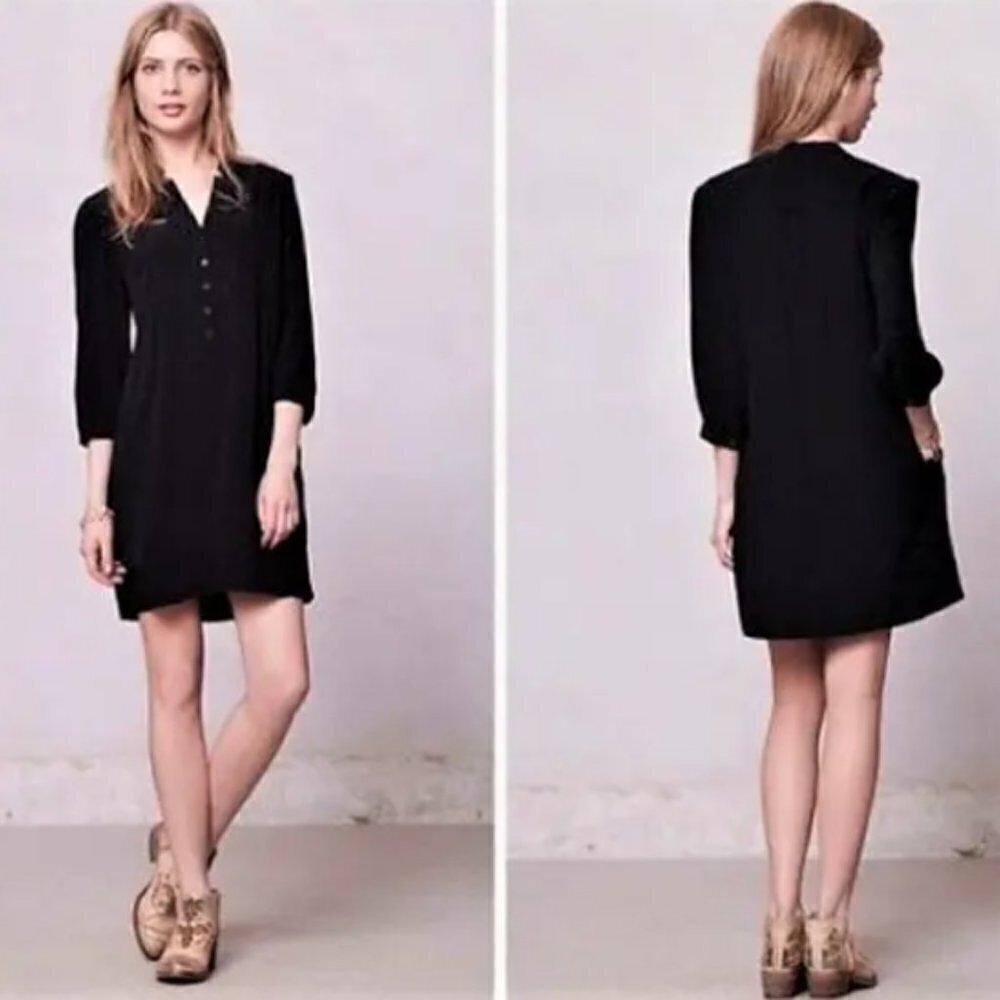 Anthropologie Maeve Taryn Black V-Neck Button Front 3/4 Sleeve Shift Dress sz 0
